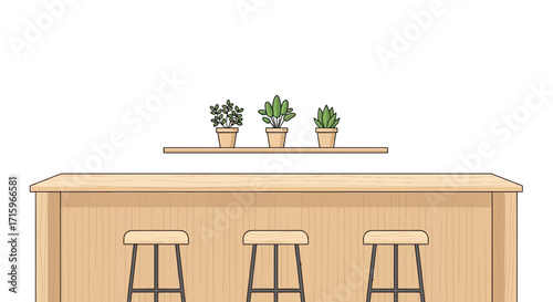 Charming Bar Setup with Wooden Counter, Stools and Potted Plants Illustration