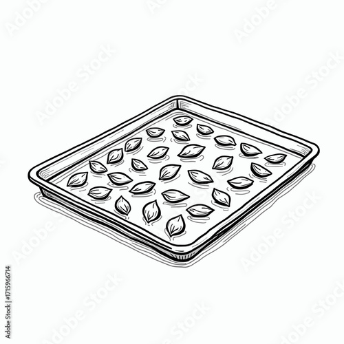 Baking tray with leaves arranged in a patterned design  