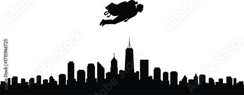Man flying over city silhouette in the sky