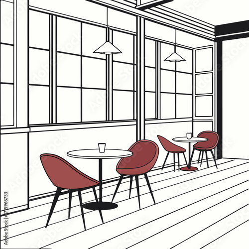 Modern minimalist cafe interior with red chairs and tables by large windows and wooden floor
