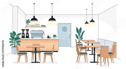 Charming coffee shop ambiance with minimalist decor and inviting seating