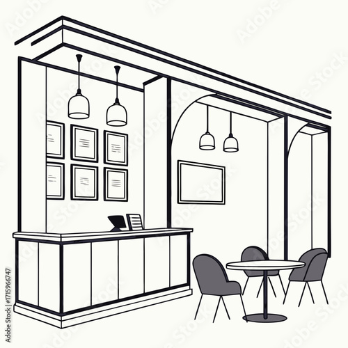 Modern reception area with framed certificates and a small seating area with chairs and a table