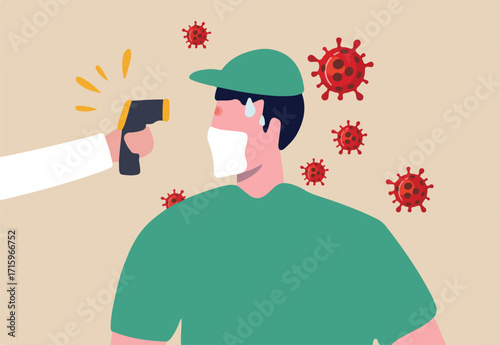 COVID-19 Coronavirus flu patient with high temperature fever concept, doctor holding infrared thermometer to measure body temperature at forehead result in high temperature fever with virus pathogens 