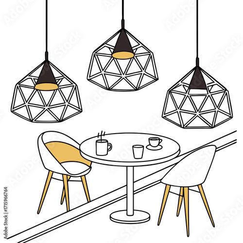 Modern geometric pendant lights illuminate a minimalist cafe table with chairs and steaming coffee cups