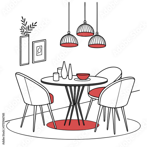 Modern dining room interior with round table chairs pendant lights and wall art in minimalist style