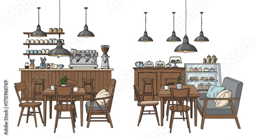 Charming cartoon coffee shop scene showcasing interior design elements