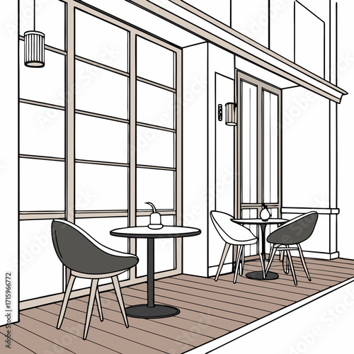 Modern minimalist outdoor cafe seating area with large windows and wooden deck flooring