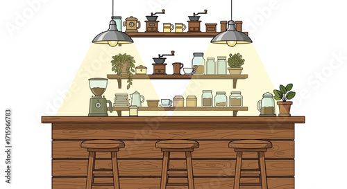 Charming Coffee Shop Counter Displaying a Variety of Coffee Related Items