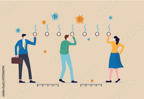 Social distancing, people keep distance in public transportation to protect from COVID-19 coronavirus outbreak spreading concept, people keep distance away in the train or bus with virus pathogens 