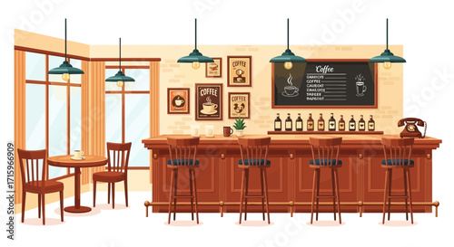 Charming coffee shop interior with cozy atmosphere and vintage decorations