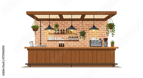 Charming coffee shop illustration with plants and brickwork background