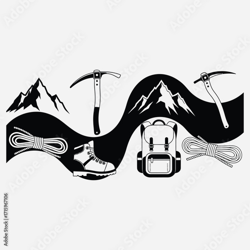 Monochrome vector composition of mountaineering equipment with mountain peak silhouettes