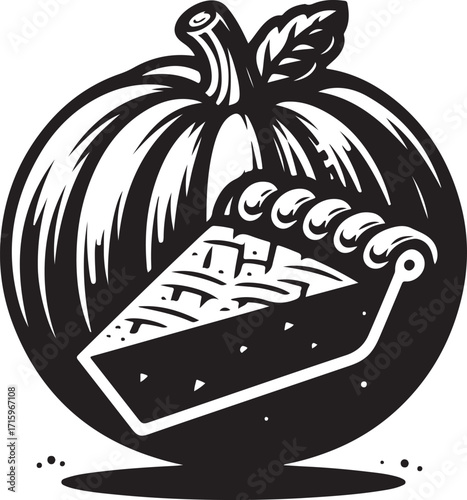 silhouette black and white Pumpkin pie slice vector, thanksgiving dessert, cartoon style