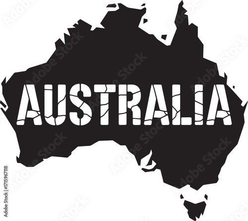 Australia Country Map Silhouette with Cracked Text Effect on Transparent Background for Design