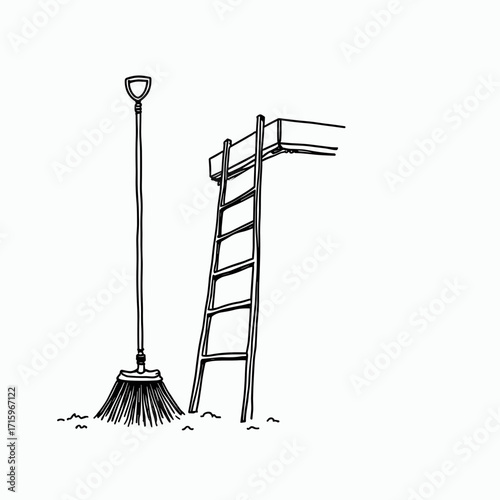 Gardening tools including a rake and ladder on white background  