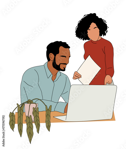Young businessman and businesswoman working together on a laptop. Colored outline vector sketch, perfect for web design, business, teamwork, office, and corporate projects