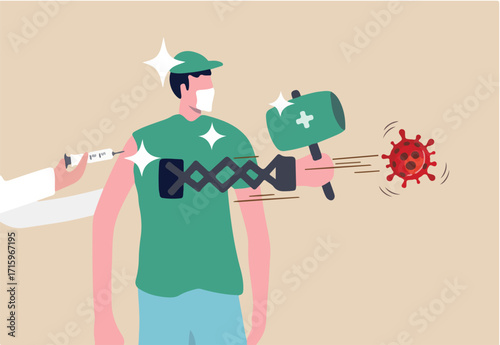 Coronavirus COVID-19 vaccine research and test or treatment concept, doctor holding syringe of COVID-19 vaccine planting on patient with magic hand holding hammer eliminating virus pathogen.