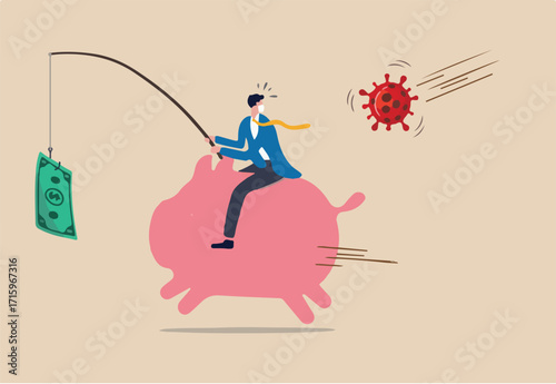 Coronavirus crisis money stimulus policy, QE or money injection to aid economics and business to survive in COVID-19 outbreak, businessman riding piggy bank fishing with money banknote run from virus