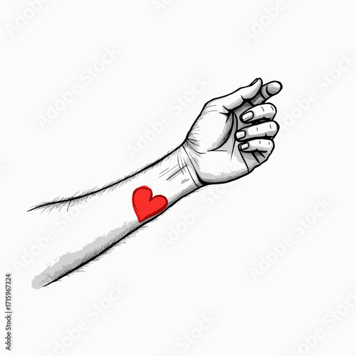 Hand with red heart tattoo on forearm in minimalist style  