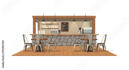 Charming vintage styled cafe with wooden deck and stone counter detail