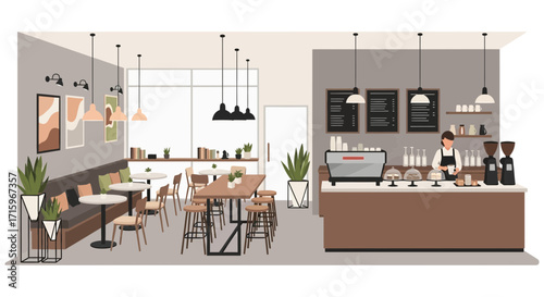 Chic and modern coffee shop interior design with cozy seating area