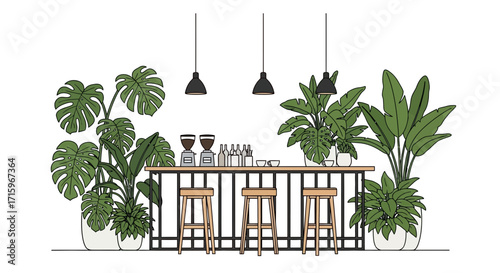 Chic indoor coffee bar setup with vibrant tropical plants illustration