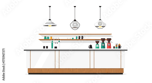 Chic minimalist coffee shop counter illustration with pendant lighting