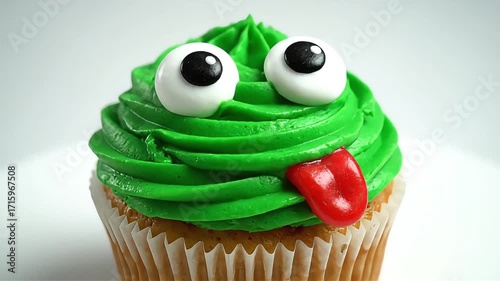 Whimsical green cupcake with googly eyes and a playful red tongue, a fun treat for kids