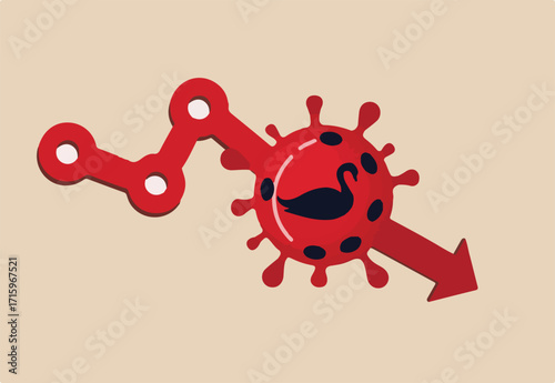 Coronavirus crash, COVID-19 economic collapse great depression era company bankrupt from Coronavirus COVID-19 flu outbreak concept, virus pathogen with black swan on red plunging stock market drop. 