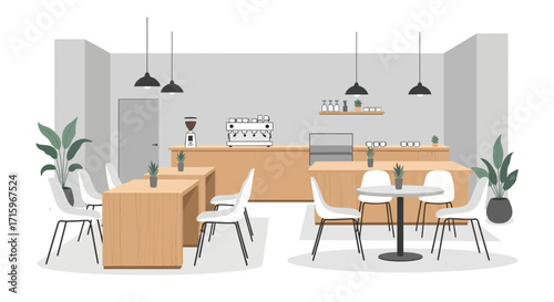 Contemporary Coffee Shop Interior Illustration with Minimalist Design and Indoor Plants