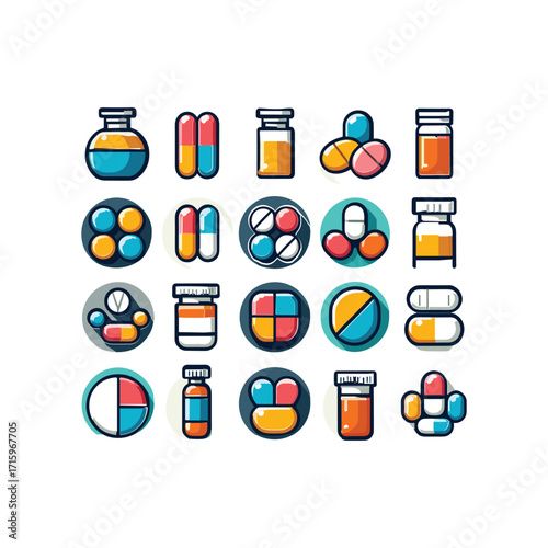 Colorful collection of medicine icons and pills