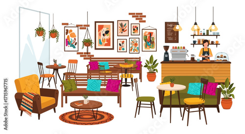 Cozy and inviting vector illustration of a modern coffee shop interior