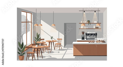 Cozy and Modern Coffee Shop Interior Illustration with Sunlight Design