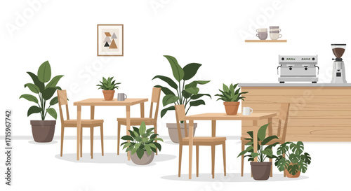 Cozy and modern coffee shop interior design filled with indoor plants