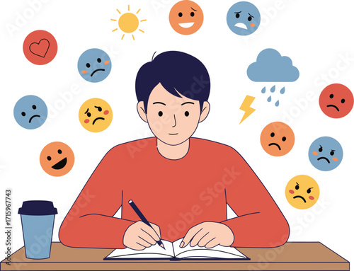 Person writing surrounded by emotions and weather icons