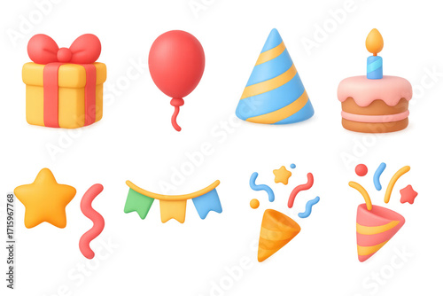 Colorful 3d birthday icons with gift, cake, and party decorations
