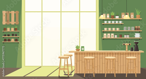 Cozy and Modern Coffee Shop Interior with Bright Green Walls and Wooden Accents