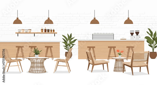 Cozy and modern coffee shop interior with wicker furniture illustration
