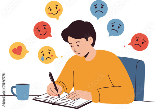 Young person journaling emotions with happiness sadness anger and love
