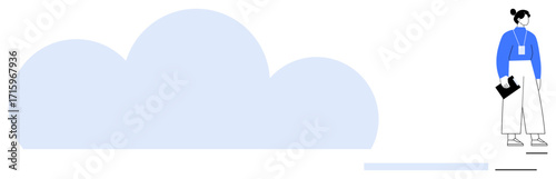Woman standing beside large cloud graphic, holding clipboard. Ideal for technology, cloud storage, innovation, teamwork, data management, remote work organization. Clean simple flat metaphor