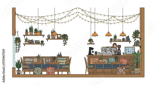 Cozy bohemian cafe interior design with plants and string lights illustration