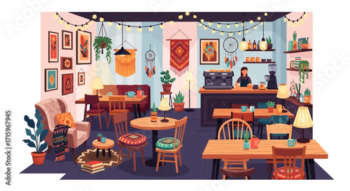 Cozy bohemian cafe interior with warm lighting and relaxed atmosphere
