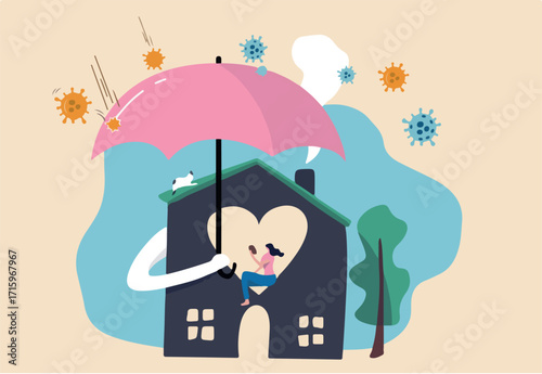 Coronavirus Stay home Stay safe, people stay at home to protect from COVID-19 Coronavirus spreading concept, woman reading book safely at home with house holding umbrella protect from virus pathogen.