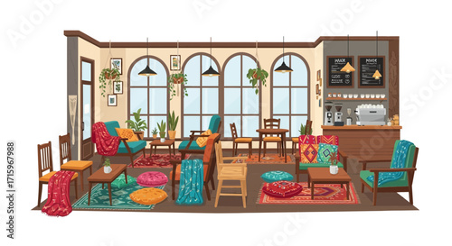 Cozy bohemian coffee shop interior with plants and comfortable seating