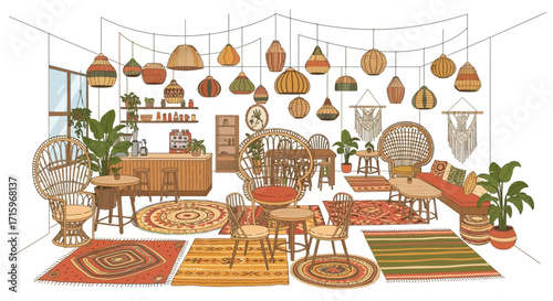 Cozy bohemian style cafe interior featuring natural materials and warm colors