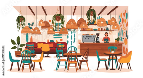 Cozy boho style cafe with hanging lamps and colorful artistic decorations