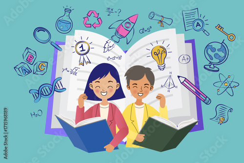 Back to school concept. Cute cartoon students reading and learning with education icons floating around. Vector illustration for knowledge, elementary school, and creative ideas.