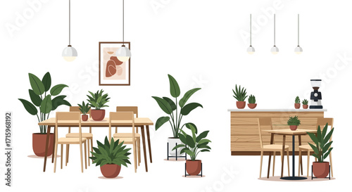 Cozy botanical interior design illustration featuring houseplants and furniture