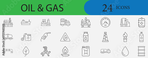 Oil and Gas icon set with petroleum, fuel, refinery, energy, drilling, pipeline, tanker, offshore rig, industry, storage, power, crude, diesel, gasoline