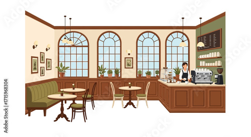 Cozy cafe interior with barista, furniture and plants illustration